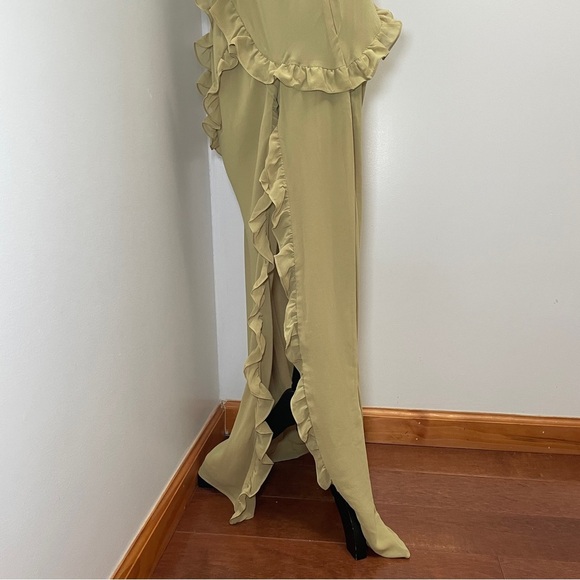 House of CB- PIXIE Olive Ruffle Maxi Dress Size Large Green V Neck Summer - Picture 10 of 15